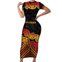 New Zealand Rugby Pacific Custom Short Sleeve Bodycon Dress Rangatira Maori Kowhaiwhai Pattern LT9 Long Dress Gold - Polynesian Pride