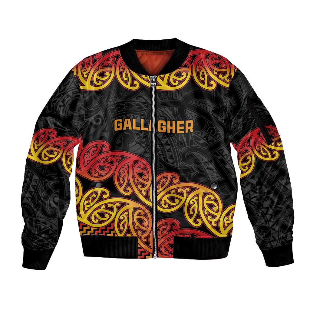 New Zealand Rugby Pacific Custom Sleeve Zip Bomber Jacket Rangatira Maori Kowhaiwhai Pattern LT9 Unisex Gold - Polynesian Pride