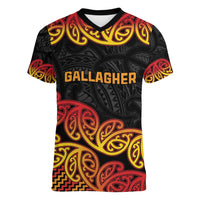 New Zealand Rugby Pacific Custom Women V-Neck T-Shirt Rangatira Maori Kowhaiwhai Pattern LT9 Female Gold - Polynesian Pride