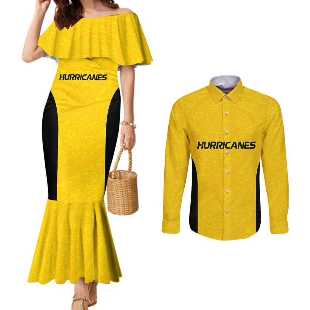 New Zealand Rugby Pacific Custom Couples Matching Mermaid Dress and Long Sleeve Button Shirt Hau Awhiowhio Maori Tribal Tattoo LT9 Gold - Polynesian Pride