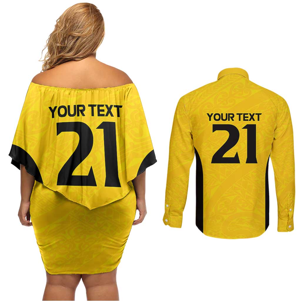 New Zealand Rugby Pacific Custom Couples Matching Off Shoulder Short Dress and Long Sleeve Button Shirt Hau Awhiowhio Maori Tribal Tattoo LT9 - Polynesian Pride