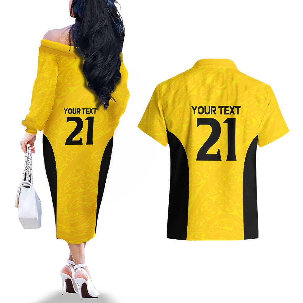 New Zealand Rugby Pacific Custom Couples Matching Off The Shoulder Long Sleeve Dress and Hawaiian Shirt Hau Awhiowhio Maori Tribal Tattoo LT9 - Polynesian Pride