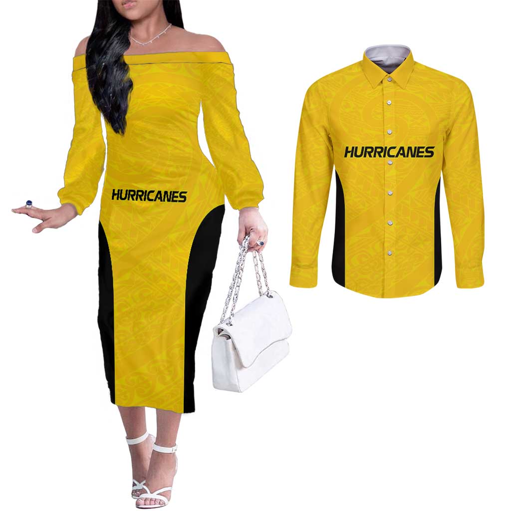 New Zealand Rugby Pacific Custom Couples Matching Off The Shoulder Long Sleeve Dress and Long Sleeve Button Shirt Hau Awhiowhio Maori Tribal Tattoo LT9 Gold - Polynesian Pride