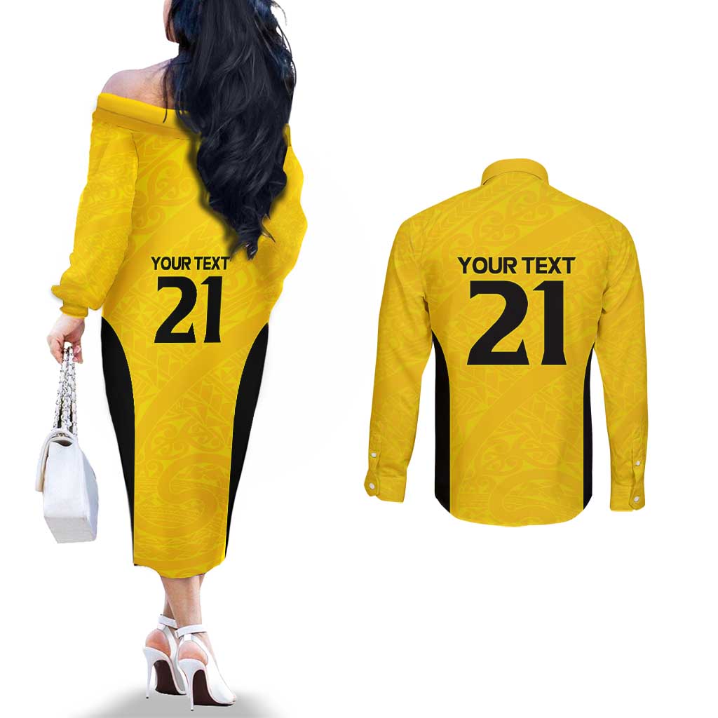 New Zealand Rugby Pacific Custom Couples Matching Off The Shoulder Long Sleeve Dress and Long Sleeve Button Shirt Hau Awhiowhio Maori Tribal Tattoo LT9 - Polynesian Pride