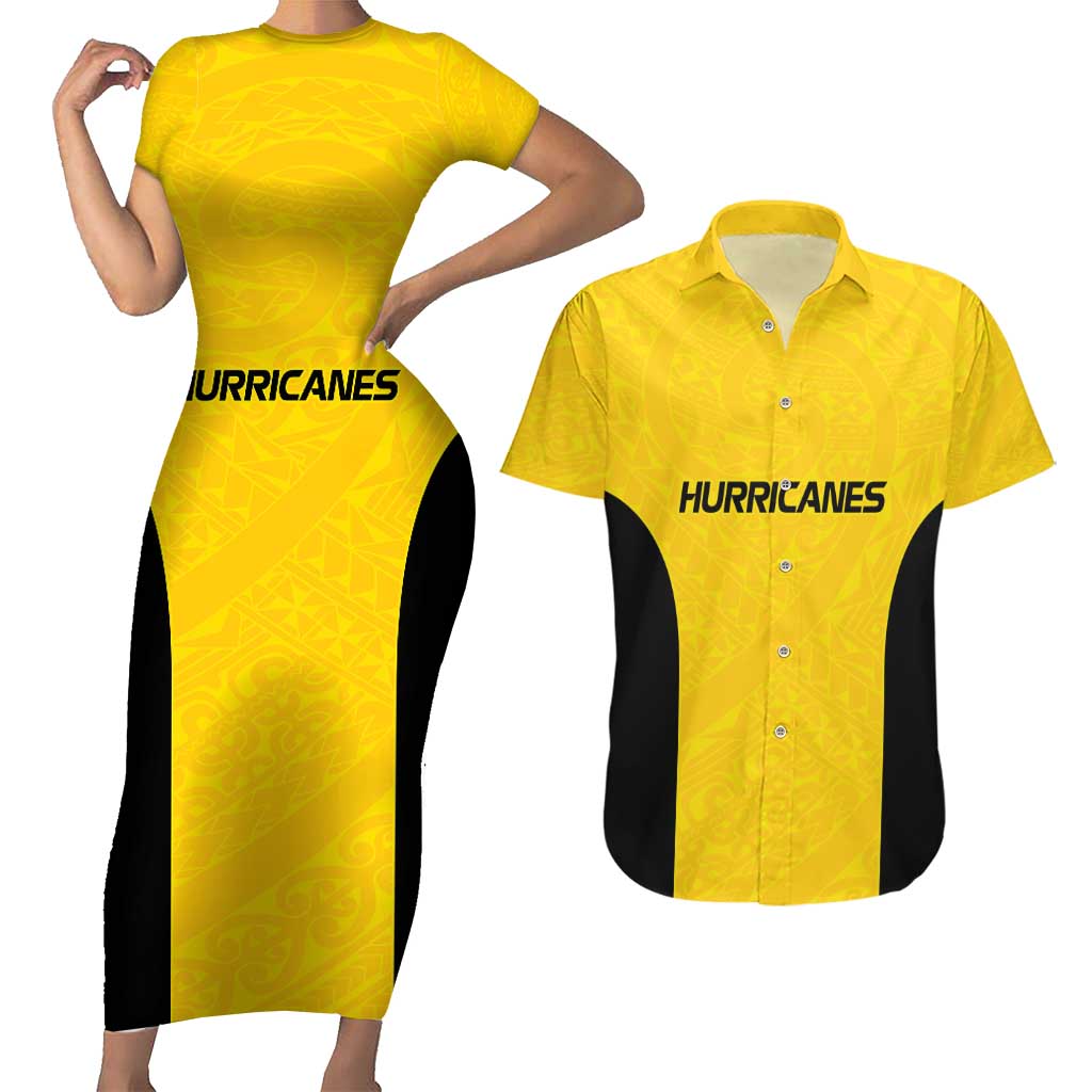 New Zealand Rugby Pacific Custom Couples Matching Short Sleeve Bodycon Dress and Hawaiian Shirt Hau Awhiowhio Maori Tribal Tattoo LT9 Gold - Polynesian Pride