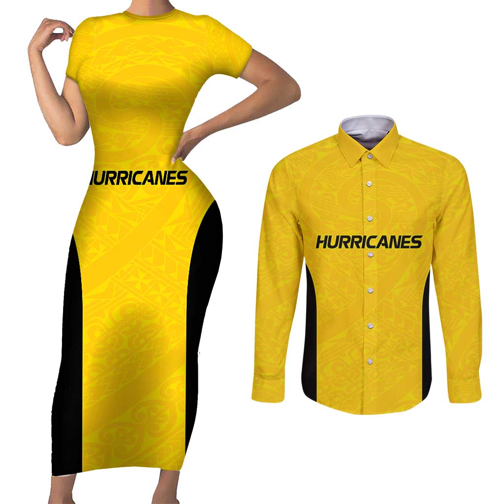 New Zealand Rugby Pacific Custom Couples Matching Short Sleeve Bodycon Dress and Long Sleeve Button Shirt Hau Awhiowhio Maori Tribal Tattoo LT9 Gold - Polynesian Pride