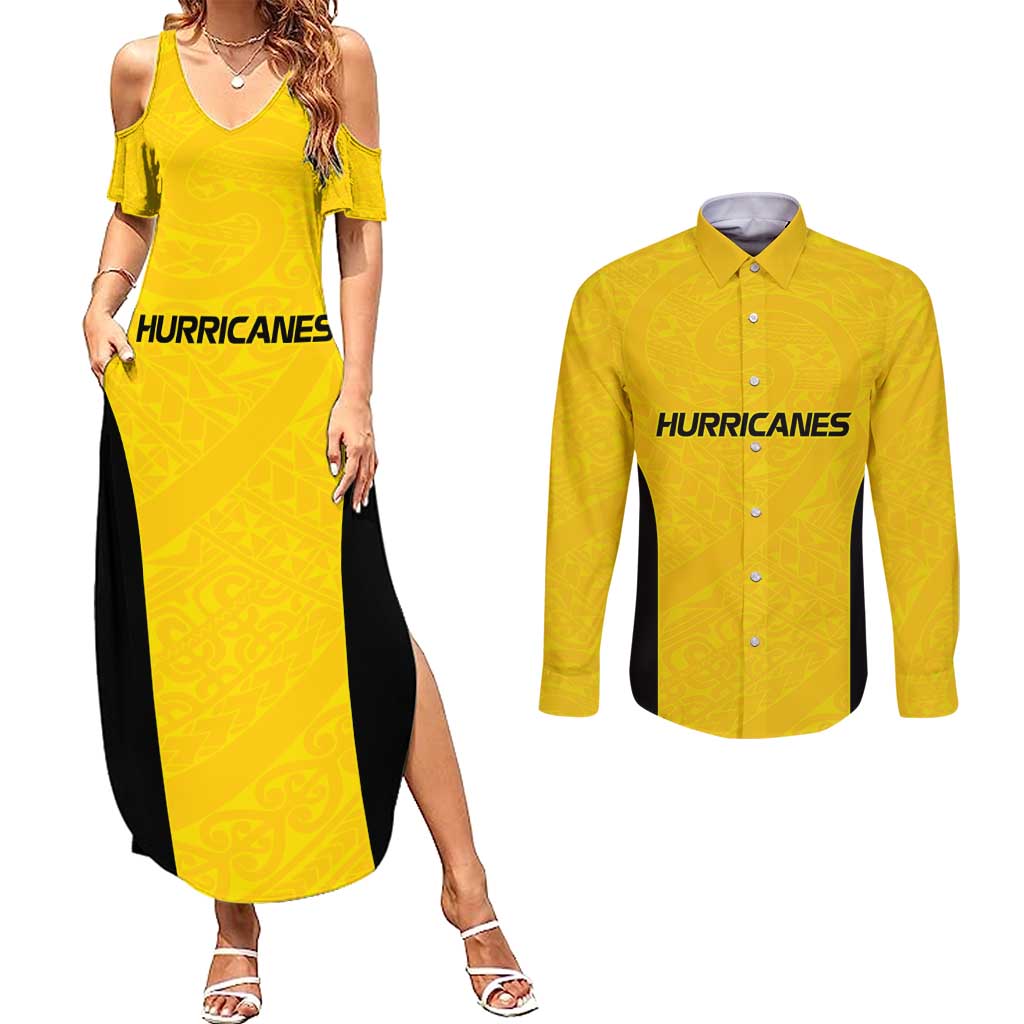 New Zealand Rugby Pacific Custom Couples Matching Summer Maxi Dress and Long Sleeve Button Shirt Hau Awhiowhio Maori Tribal Tattoo LT9 Gold - Polynesian Pride