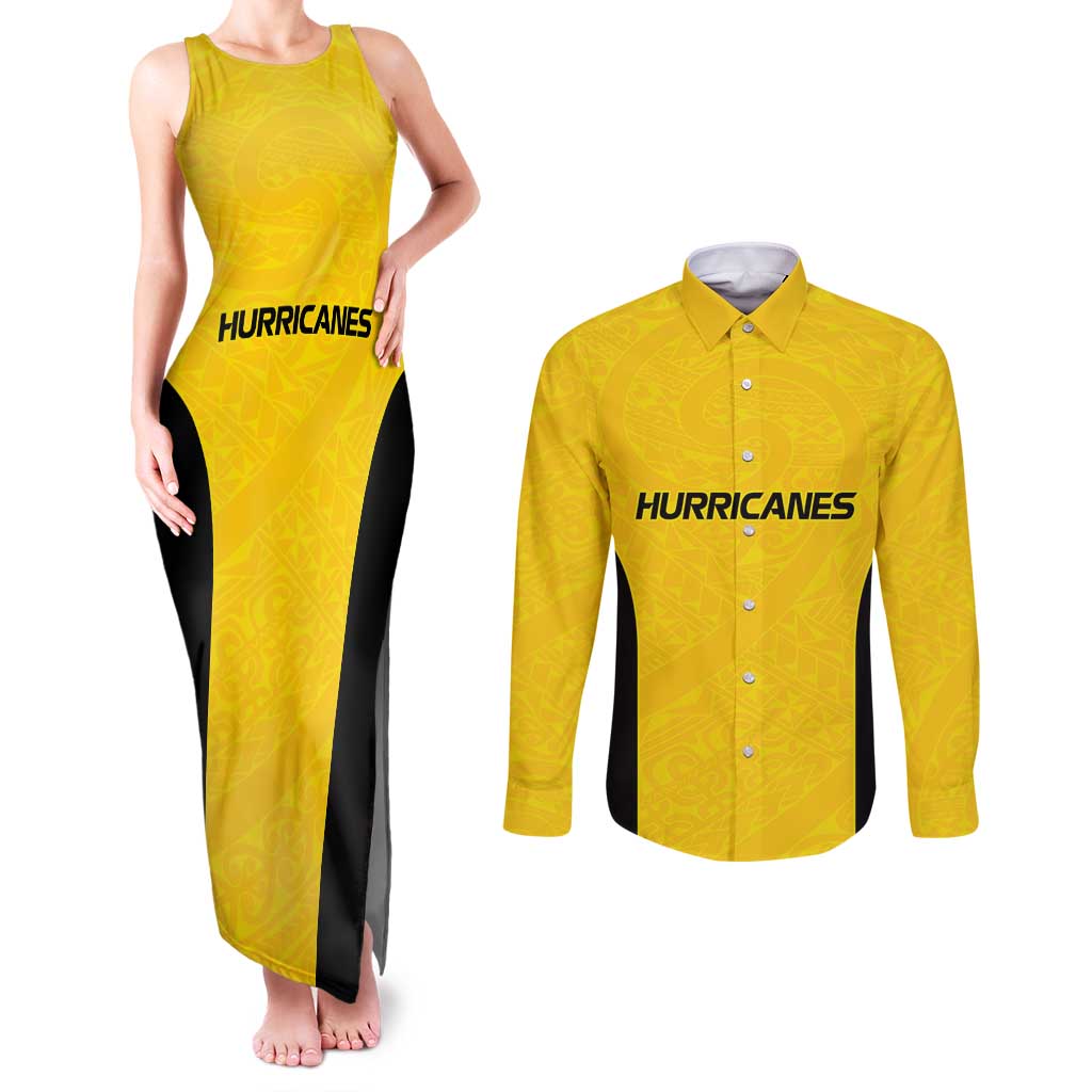 New Zealand Rugby Pacific Custom Couples Matching Tank Maxi Dress and Long Sleeve Button Shirt Hau Awhiowhio Maori Tribal Tattoo LT9 Gold - Polynesian Pride