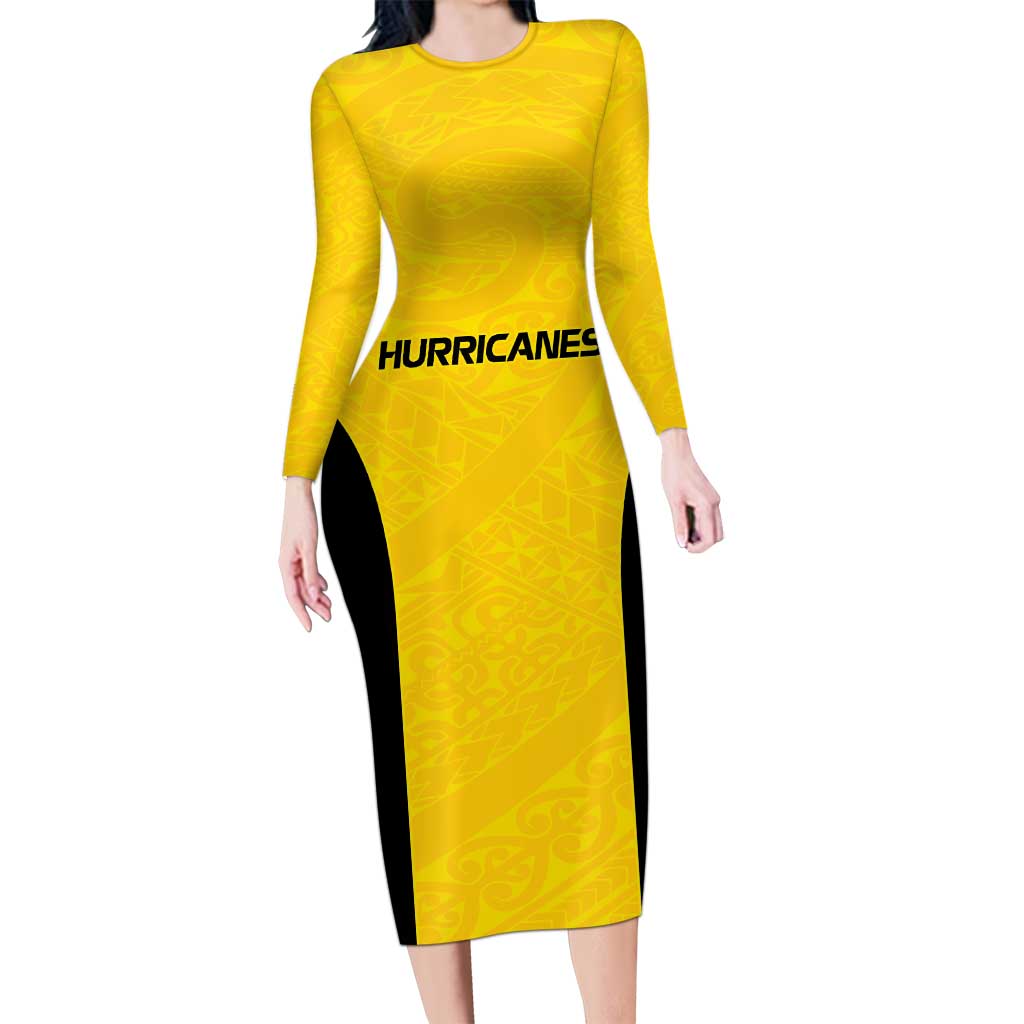 New Zealand Rugby Pacific Custom Long Sleeve Bodycon Dress Hau Awhiowhio Maori Tribal Tattoo LT9 Long Dress Gold - Polynesian Pride