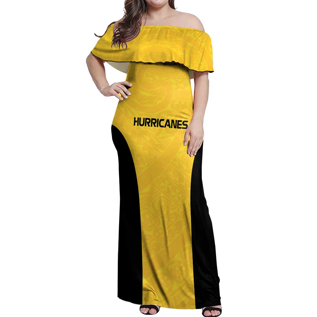 New Zealand Rugby Pacific Custom Off Shoulder Maxi Dress Hau Awhiowhio Maori Tribal Tattoo LT9 Women Gold - Polynesian Pride
