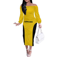 New Zealand Rugby Pacific Custom Off The Shoulder Long Sleeve Dress Hau Awhiowhio Maori Tribal Tattoo LT9 Women Gold - Polynesian Pride