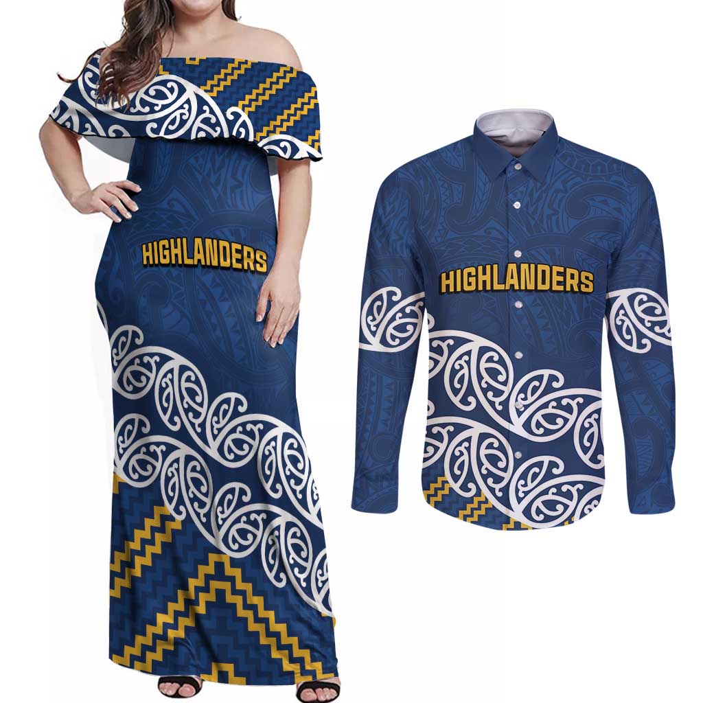 New Zealand Rugby Pacific Custom Couples Matching Off Shoulder Maxi Dress and Long Sleeve Button Shirt Kahupeka Maori Kowhaiwhai Pattern LT9 Blue - Polynesian Pride