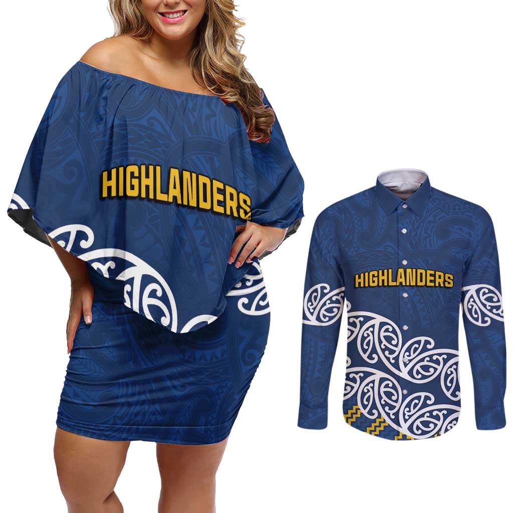 New Zealand Rugby Pacific Custom Couples Matching Off Shoulder Short Dress and Long Sleeve Button Shirt Kahupeka Maori Kowhaiwhai Pattern LT9 Blue - Polynesian Pride