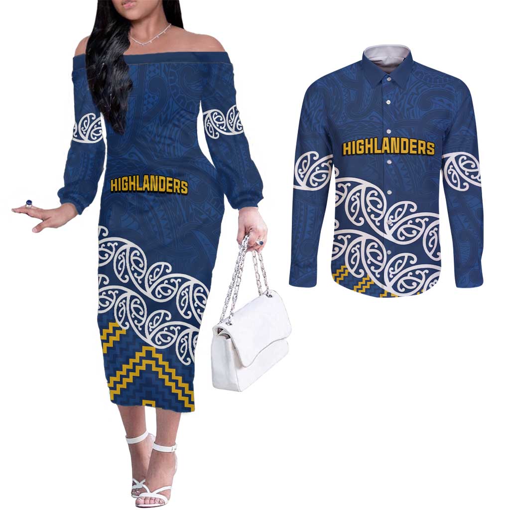 New Zealand Rugby Pacific Custom Couples Matching Off The Shoulder Long Sleeve Dress and Long Sleeve Button Shirt Kahupeka Maori Kowhaiwhai Pattern LT9 Blue - Polynesian Pride