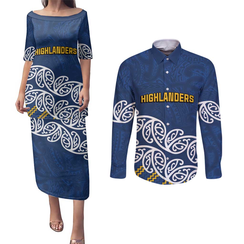 New Zealand Rugby Pacific Custom Couples Matching Puletasi and Long Sleeve Button Shirt Kahupeka Maori Kowhaiwhai Pattern LT9 Blue - Polynesian Pride