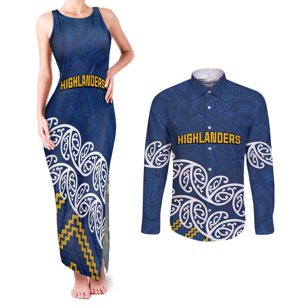 New Zealand Rugby Pacific Custom Couples Matching Tank Maxi Dress and Long Sleeve Button Shirt Kahupeka Maori Kowhaiwhai Pattern LT9 Blue - Polynesian Pride