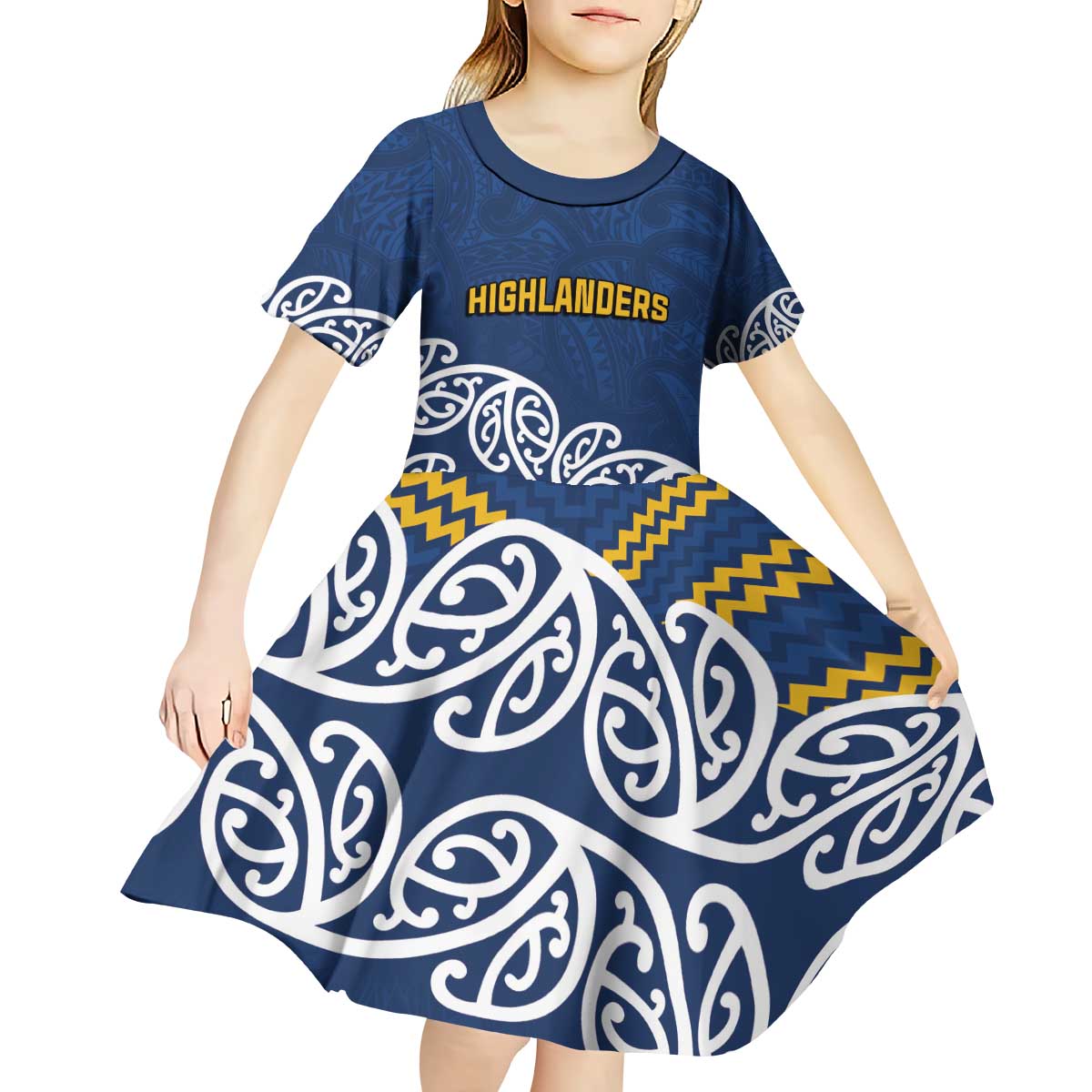 New Zealand Rugby Pacific Custom Kid Short Sleeve Dress Kahupeka Maori Kowhaiwhai Pattern LT9 - Polynesian Pride