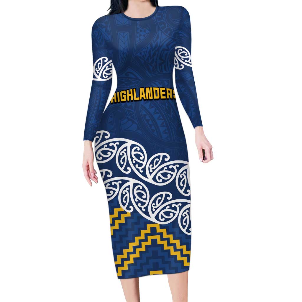 New Zealand Rugby Pacific Custom Long Sleeve Bodycon Dress Kahupeka Maori Kowhaiwhai Pattern LT9 Long Dress Blue - Polynesian Pride