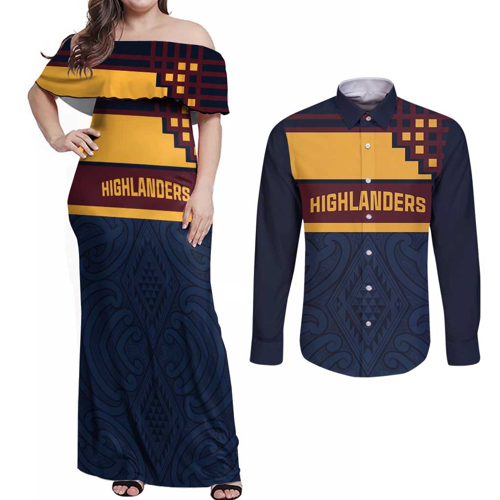 New Zealand Rugby Pacific Custom Couples Matching Off Shoulder Maxi Dress and Long Sleeve Button Shirt Kahupeka Retro 2025 Taniko Motif