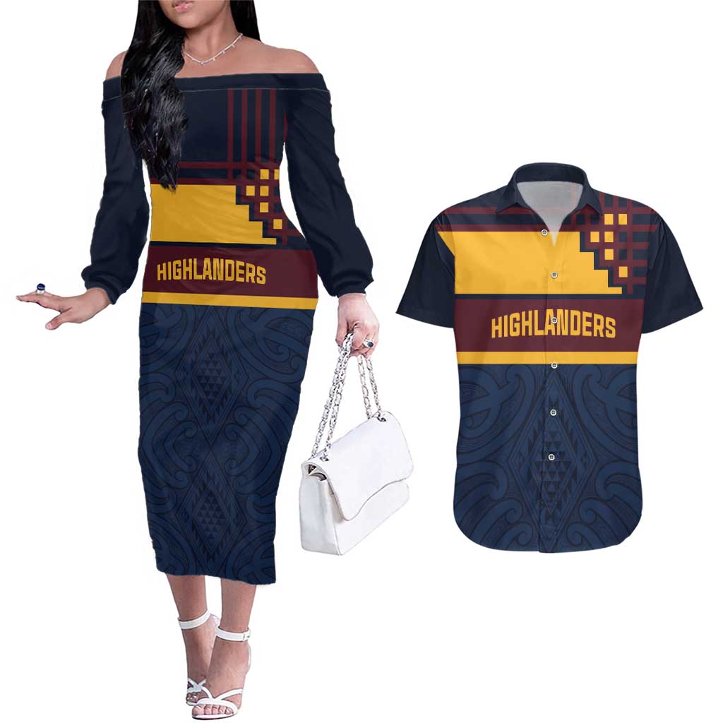 New Zealand Rugby Pacific Custom Couples Matching Off The Shoulder Long Sleeve Dress and Hawaiian Shirt Kahupeka Retro 2025 Taniko Motif