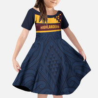 New Zealand Rugby Pacific Custom Family Matching Off Shoulder Maxi Dress and Hawaiian Shirt Kahupeka Retro 2025 Taniko Motif LT9 Daughter's Dress Blue - Polynesian Pride