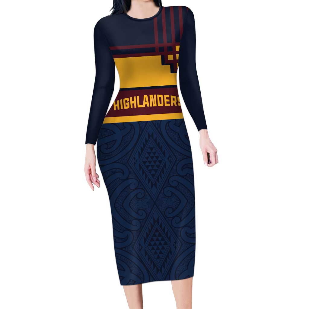 New Zealand Rugby Pacific Custom Long Sleeve Bodycon Dress Kahupeka Retro 2025 Taniko Motif LT9 Long Dress Blue - Polynesian Pride