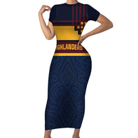 New Zealand Rugby Pacific Custom Short Sleeve Bodycon Dress Kahupeka Retro 2025 Taniko Motif LT9 Long Dress Blue - Polynesian Pride