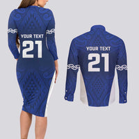 New Zealand Rugby Pacific Custom Couples Matching Long Sleeve Bodycon Dress and Long Sleeve Button Shirt Kahurangi Auckland All Blue