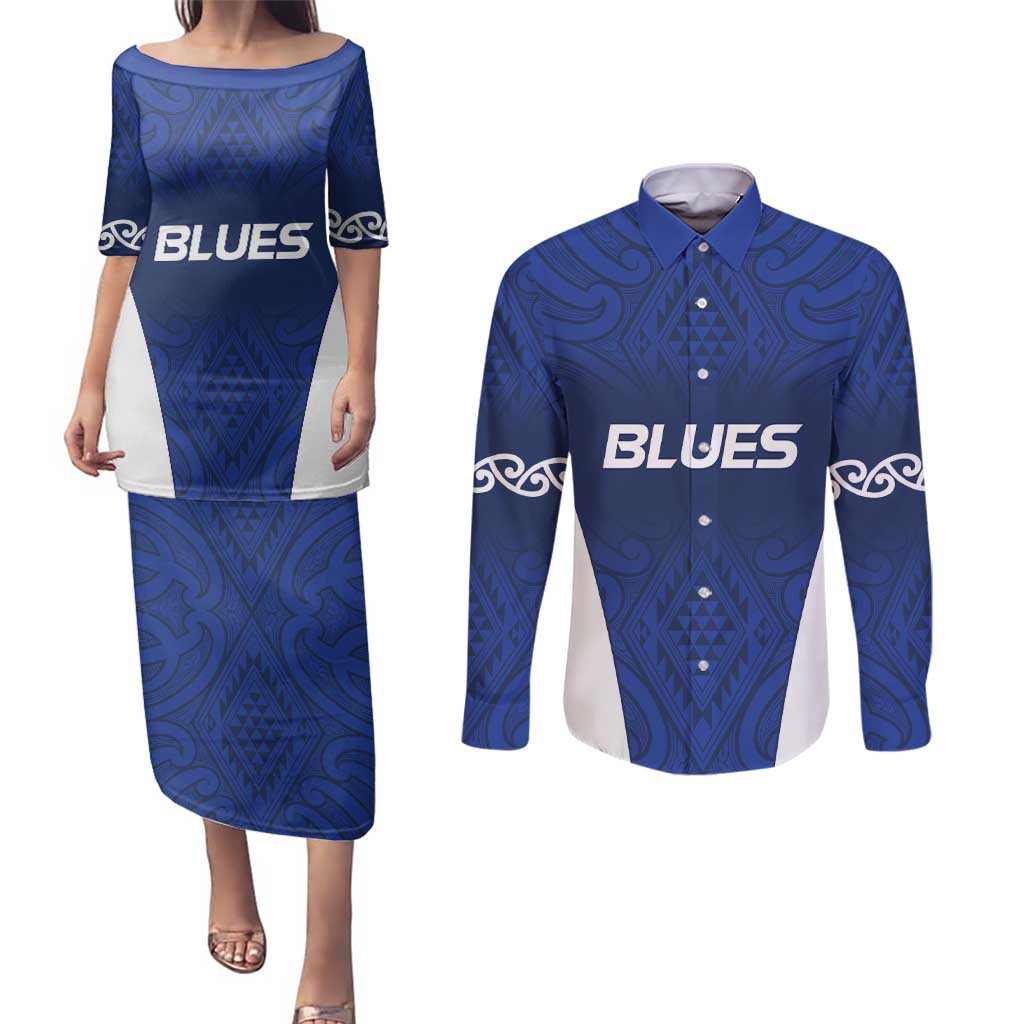 New Zealand Rugby Pacific Custom Couples Matching Puletasi and Long Sleeve Button Shirt Kahurangi Auckland All Blue LT9 Blue - Polynesian Pride