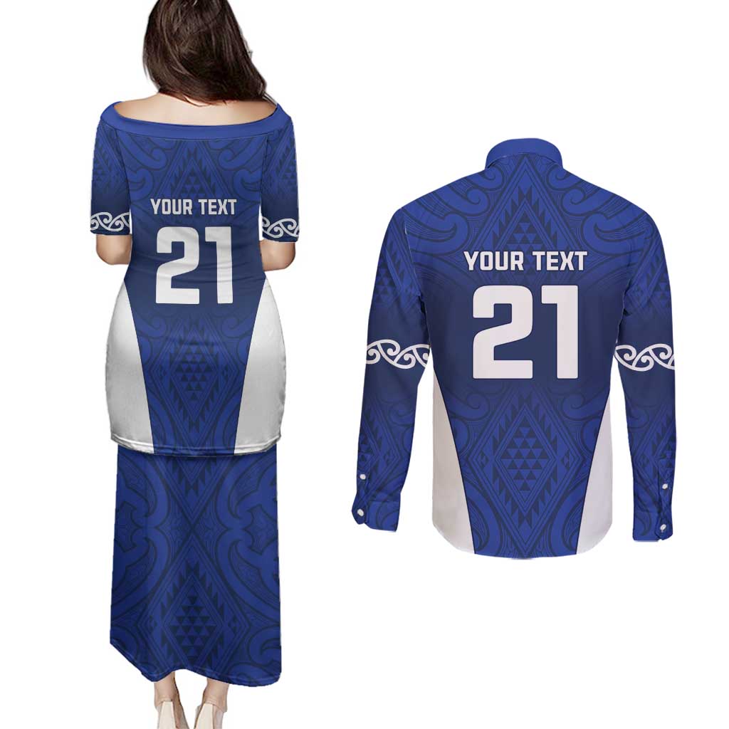 New Zealand Rugby Pacific Custom Couples Matching Puletasi and Long Sleeve Button Shirt Kahurangi Auckland All Blue LT9 - Polynesian Pride