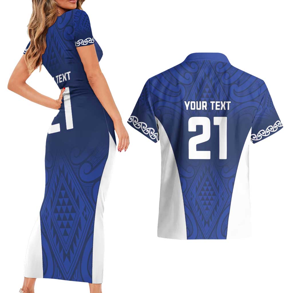 New Zealand Rugby Pacific Custom Couples Matching Short Sleeve Bodycon Dress and Hawaiian Shirt Kahurangi Auckland All Blue