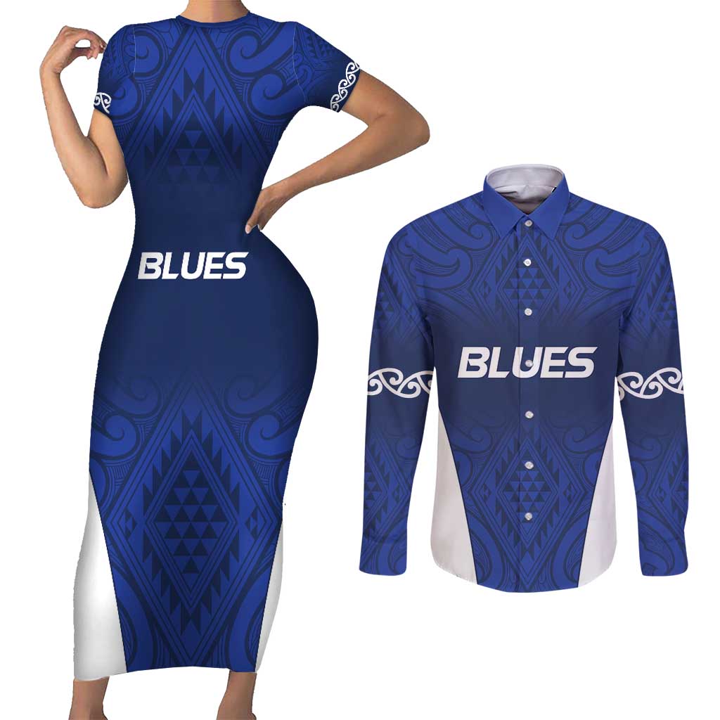 New Zealand Rugby Pacific Custom Couples Matching Short Sleeve Bodycon Dress and Long Sleeve Button Shirt Kahurangi Auckland All Blue LT9 Blue - Polynesian Pride