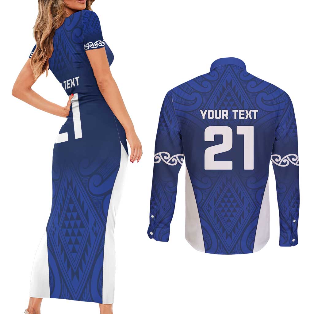 New Zealand Rugby Pacific Custom Couples Matching Short Sleeve Bodycon Dress and Long Sleeve Button Shirt Kahurangi Auckland All Blue LT9 - Polynesian Pride