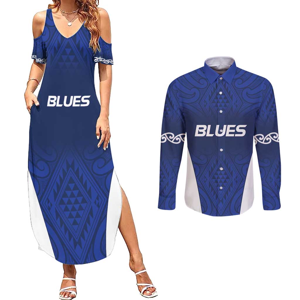 New Zealand Rugby Pacific Custom Couples Matching Summer Maxi Dress and Long Sleeve Button Shirt Kahurangi Auckland All Blue LT9 Blue - Polynesian Pride
