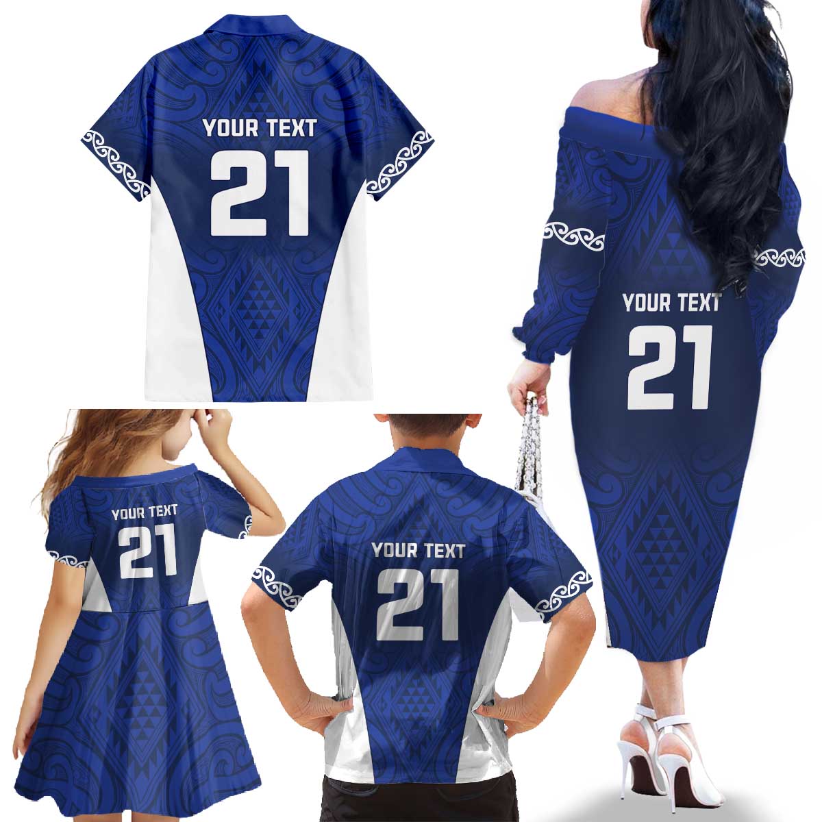 New Zealand Rugby Pacific Custom Family Matching Off The Shoulder Long Sleeve Dress and Hawaiian Shirt Kahurangi Auckland All Blue
