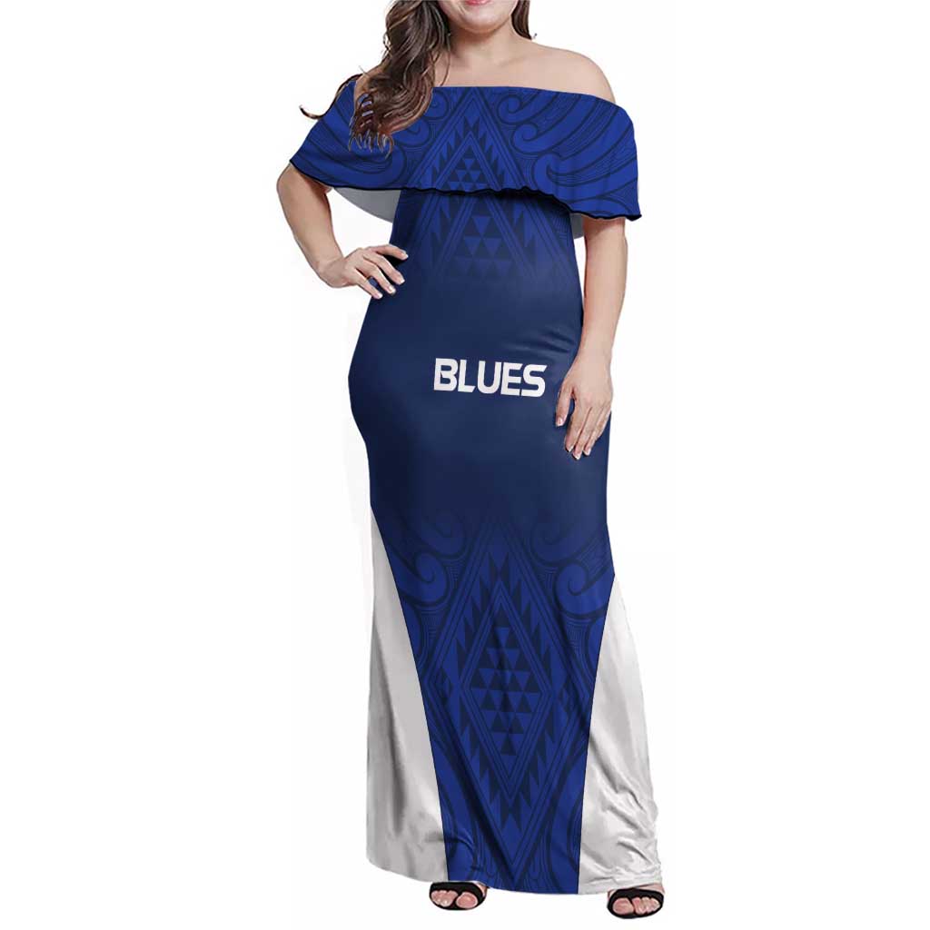 New Zealand Rugby Pacific Custom Family Matching Off Shoulder Maxi Dress and Hawaiian Shirt Kahurangi Auckland All Blue LT9 Mom's Dress Blue - Polynesian Pride