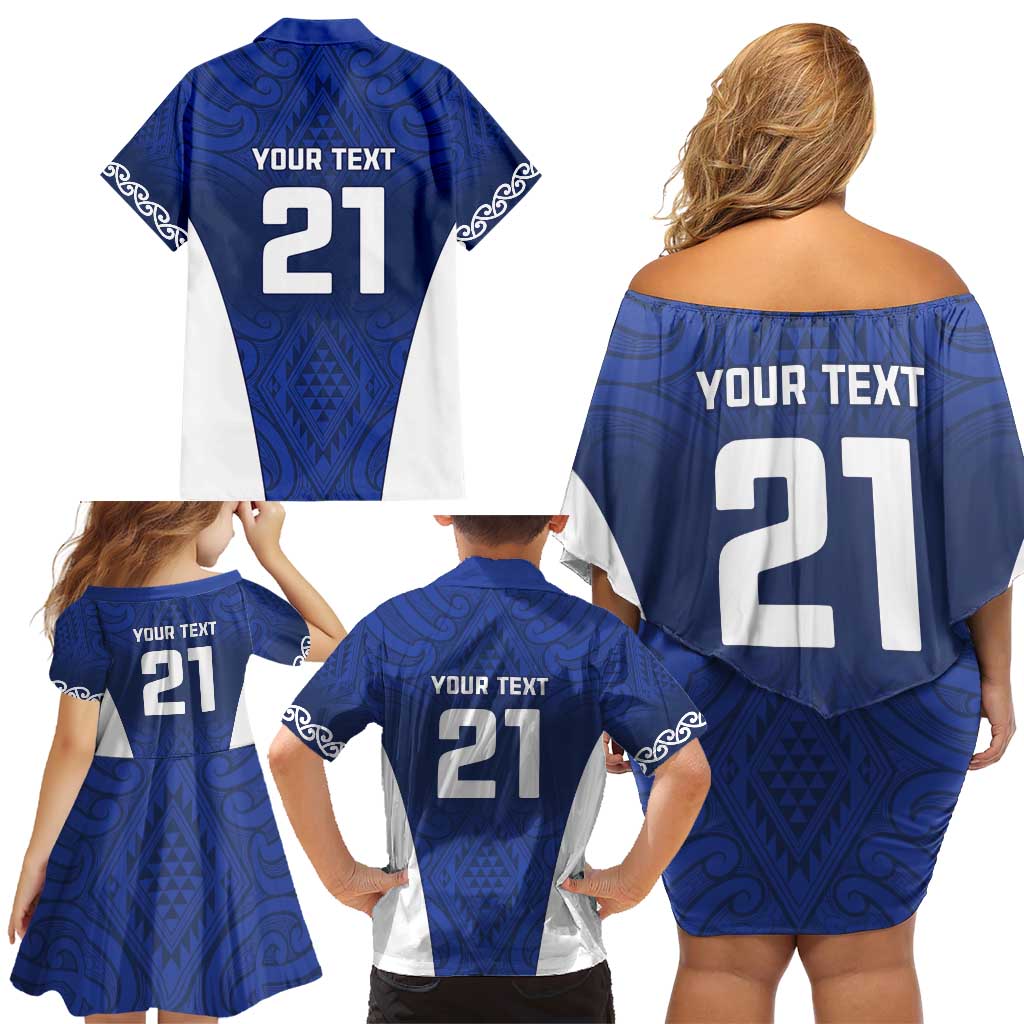 New Zealand Rugby Pacific Custom Family Matching Off Shoulder Short Dress and Hawaiian Shirt Kahurangi Auckland All Blue