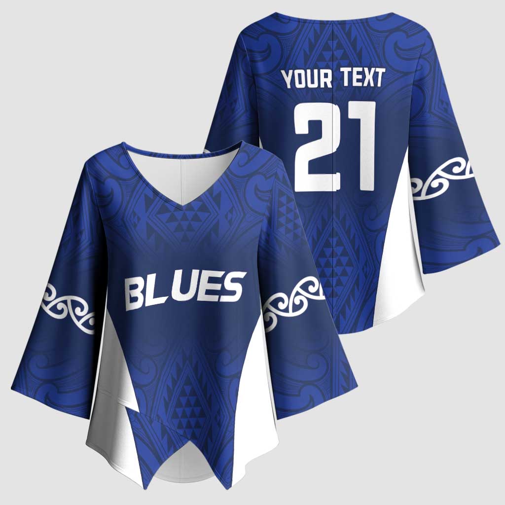 New Zealand Rugby Pacific Custom Kimono Sleeve Blouse Kahurangi Auckland All Blue LT9 - Polynesian Pride