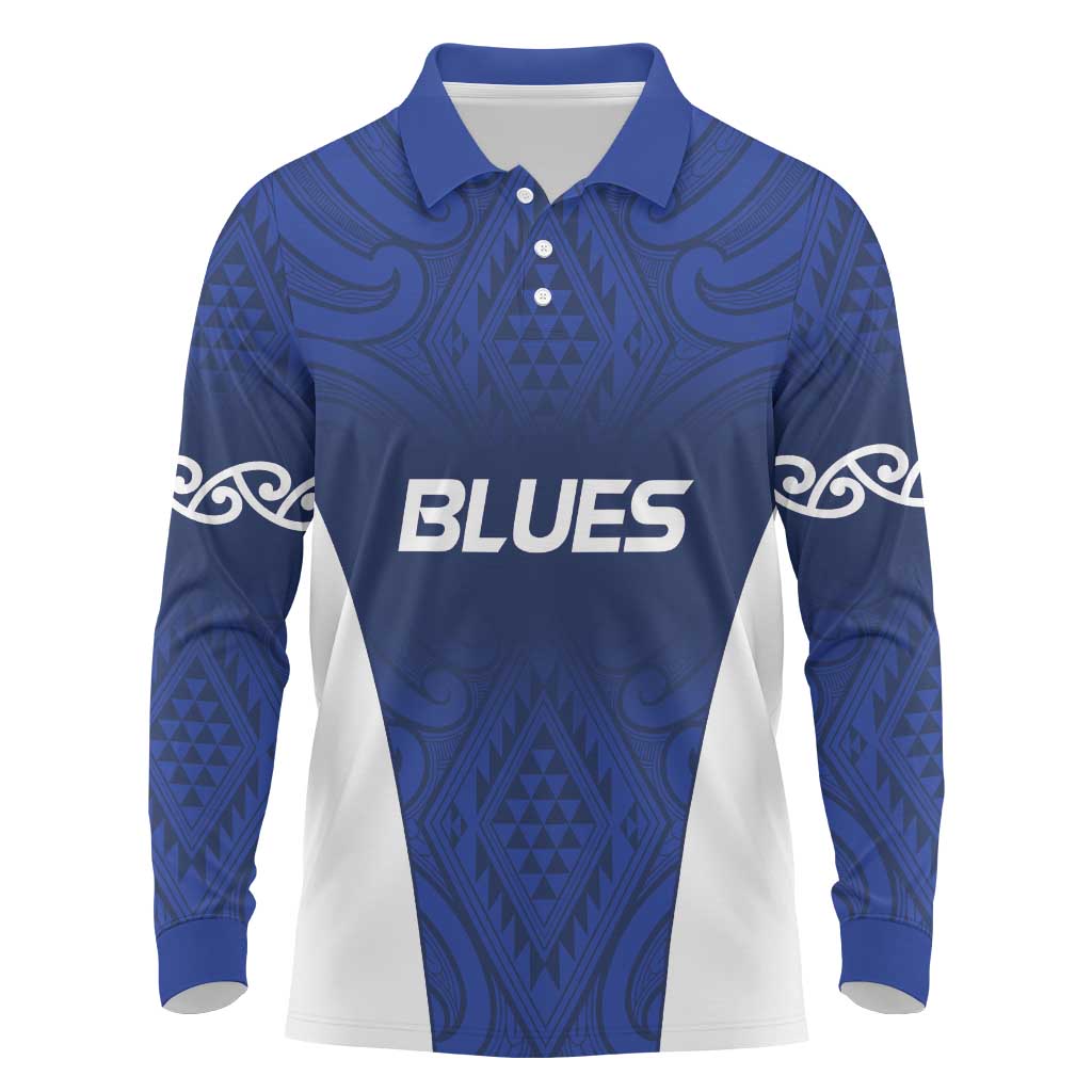 New Zealand Rugby Pacific Custom Long Sleeve Polo Shirt Kahurangi Auckland All Blue LT9 Blue - Polynesian Pride