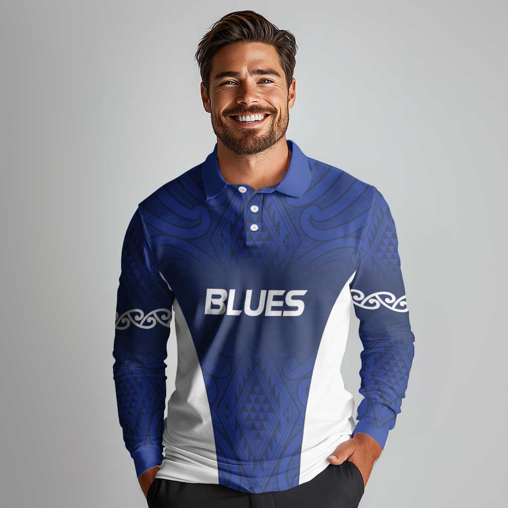 New Zealand Rugby Pacific Custom Long Sleeve Polo Shirt Kahurangi Auckland All Blue LT9 - Polynesian Pride