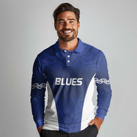 New Zealand Rugby Pacific Custom Long Sleeve Polo Shirt Kahurangi Auckland All Blue LT9 - Polynesian Pride