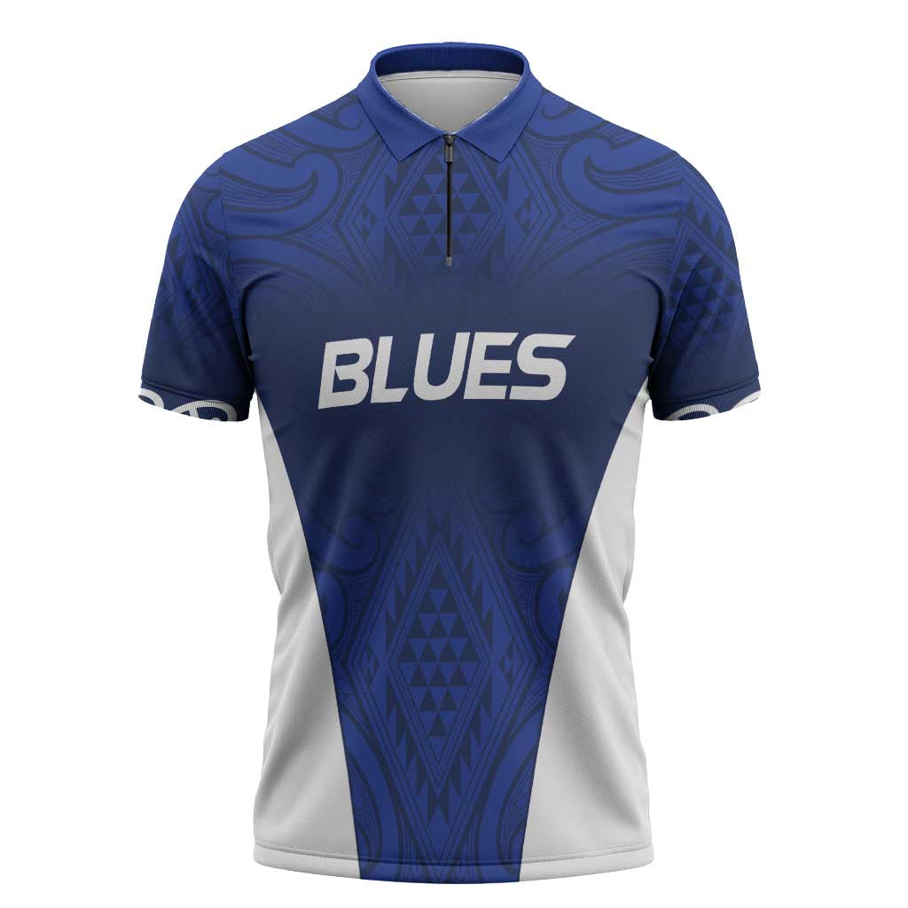 New Zealand Rugby Pacific Custom Zipper Polo Shirt Kahurangi Auckland All Blue LT9 Blue - Polynesian Pride