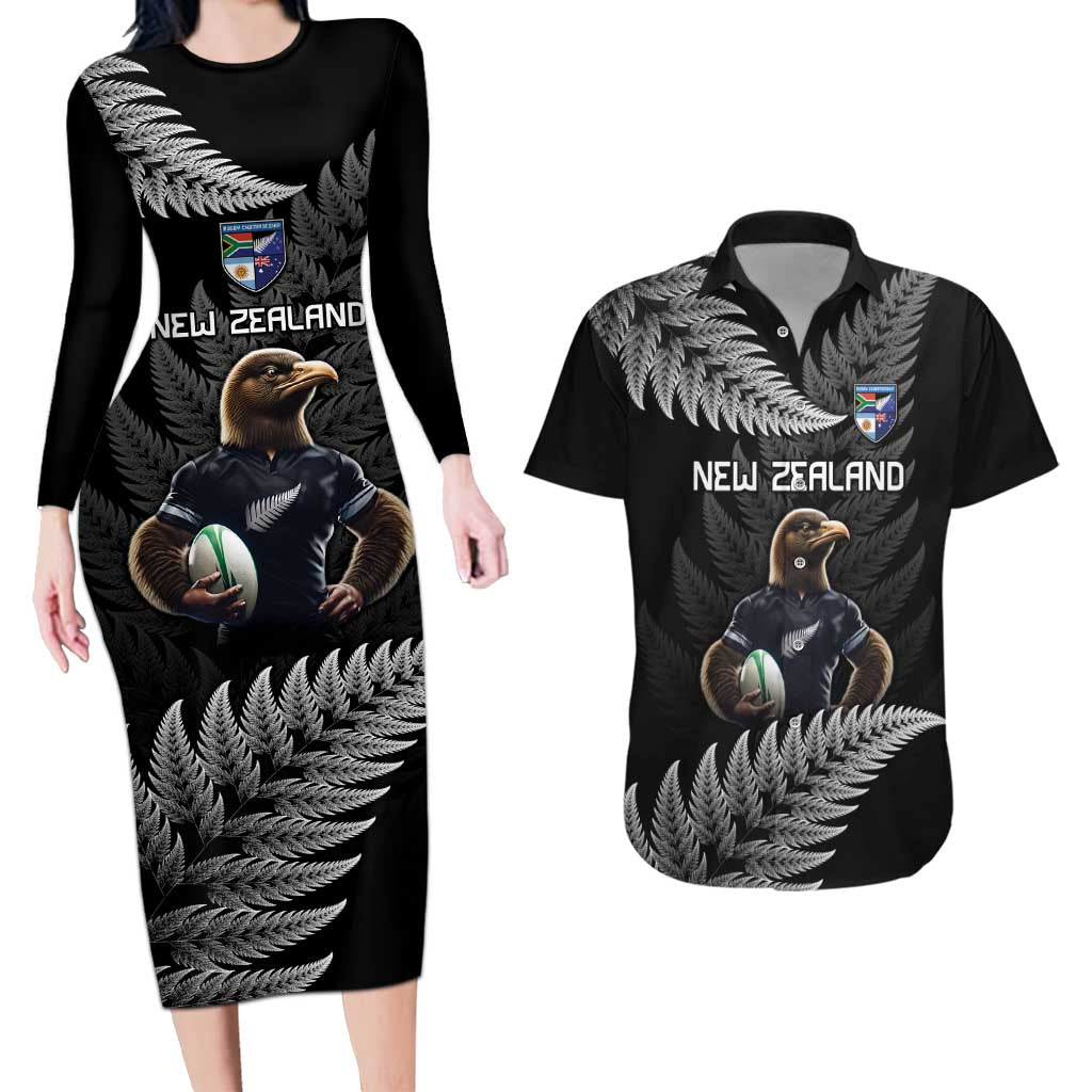 New Zealand Rugby Custom Couples Matching Long Sleeve Bodycon Dress and Hawaiian Shirt Glory Be To Black Silver-fern - Polynesian Pride