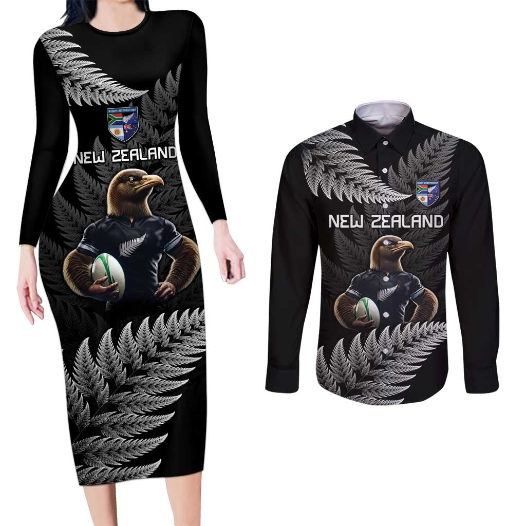New Zealand Rugby Custom Couples Matching Long Sleeve Bodycon Dress and Long Sleeve Button Shirt Glory Be To Black Silver-fern LT9 Black - Polynesian Pride
