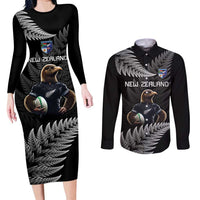 New Zealand Rugby Custom Couples Matching Long Sleeve Bodycon Dress and Long Sleeve Button Shirt Glory Be To Black Silver-fern LT9 Black - Polynesian Pride