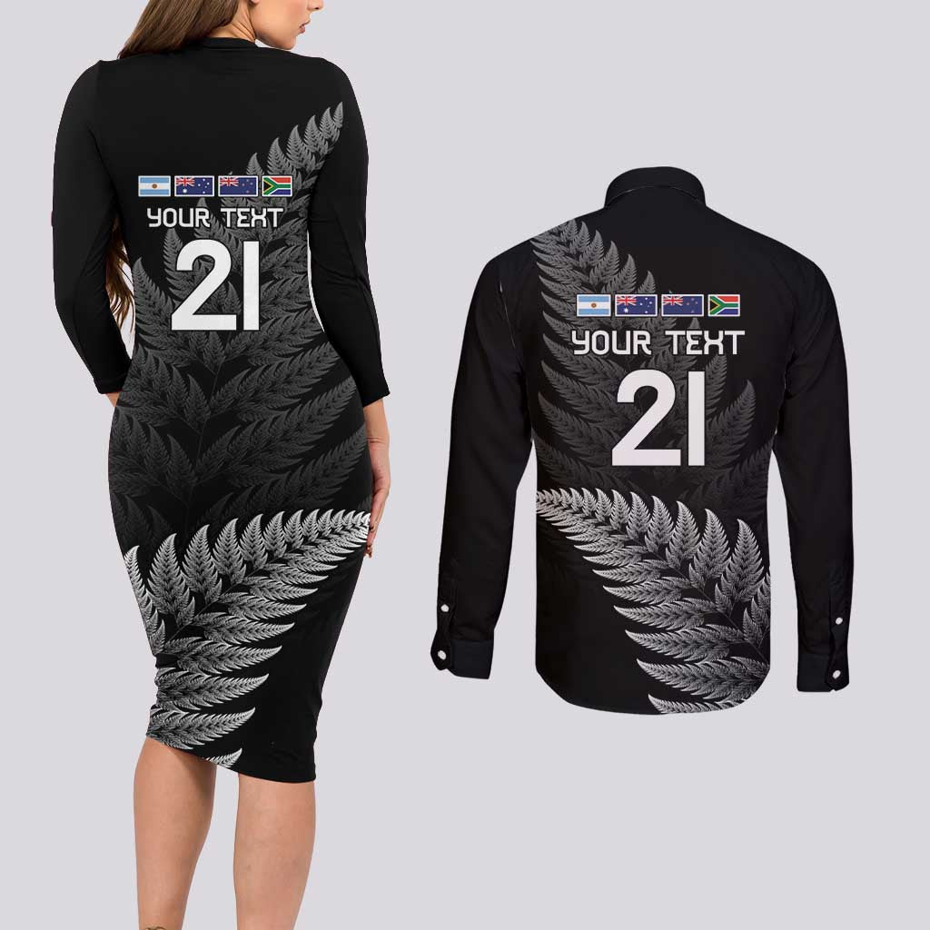 New Zealand Rugby Custom Couples Matching Long Sleeve Bodycon Dress and Long Sleeve Button Shirt Glory Be To Black Silver-fern LT9 - Polynesian Pride