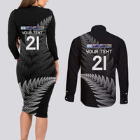 New Zealand Rugby Custom Couples Matching Long Sleeve Bodycon Dress and Long Sleeve Button Shirt Glory Be To Black Silver-fern LT9 - Polynesian Pride