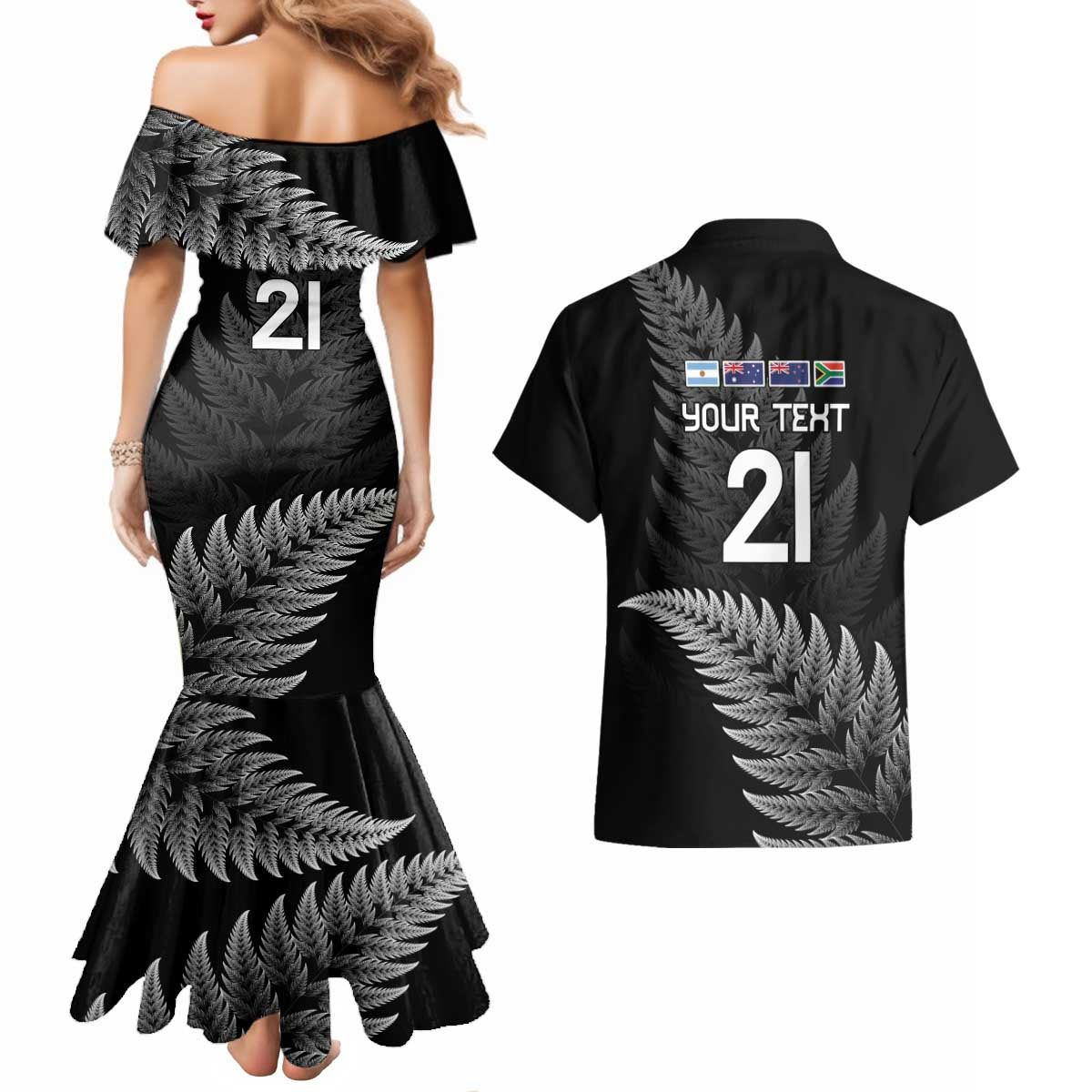 New Zealand Rugby Custom Couples Matching Mermaid Dress and Hawaiian Shirt Glory Be To Black Silver-fern LT9 - Polynesian Pride