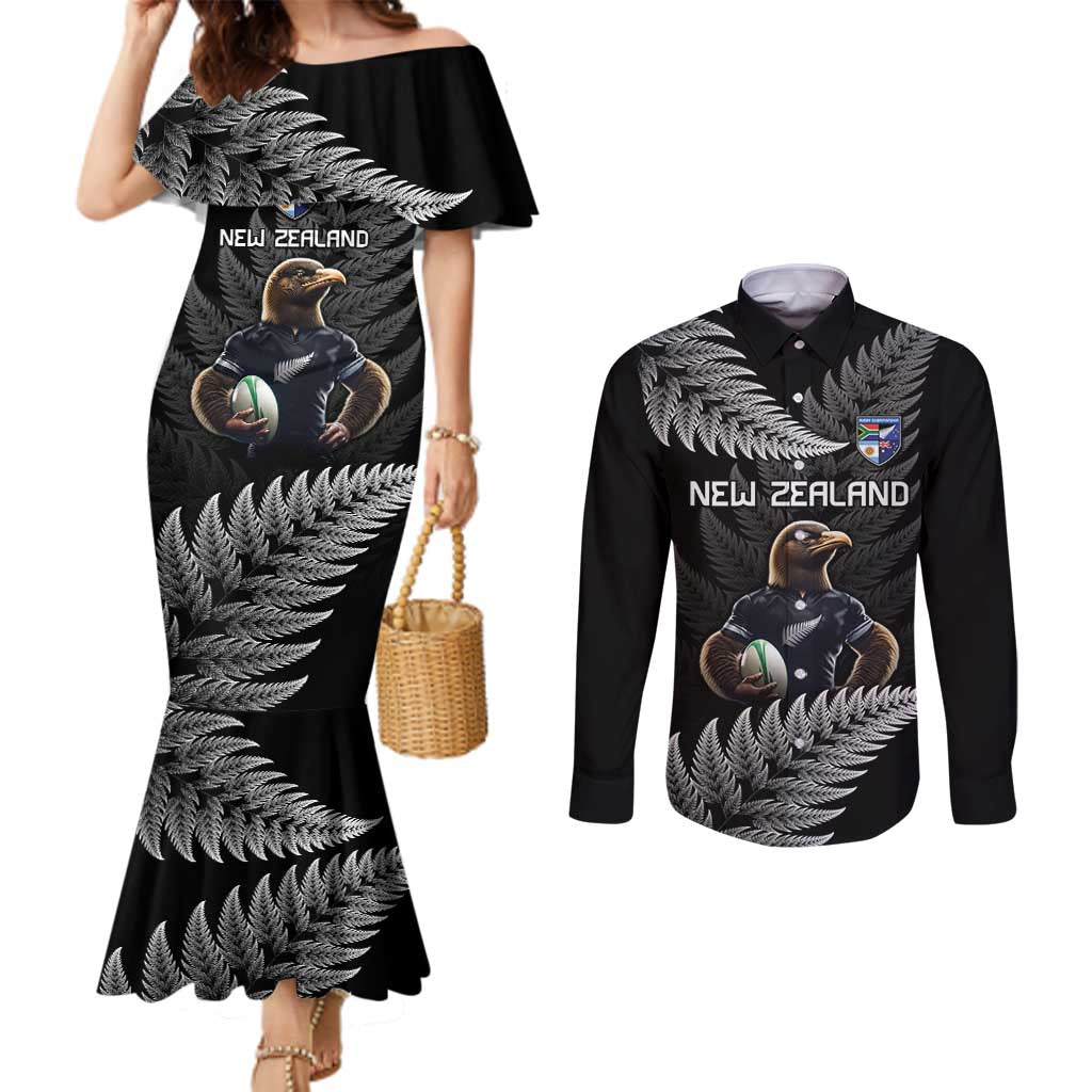 New Zealand Rugby Custom Couples Matching Mermaid Dress and Long Sleeve Button Shirt Glory Be To Black Silver-fern LT9 Black - Polynesian Pride