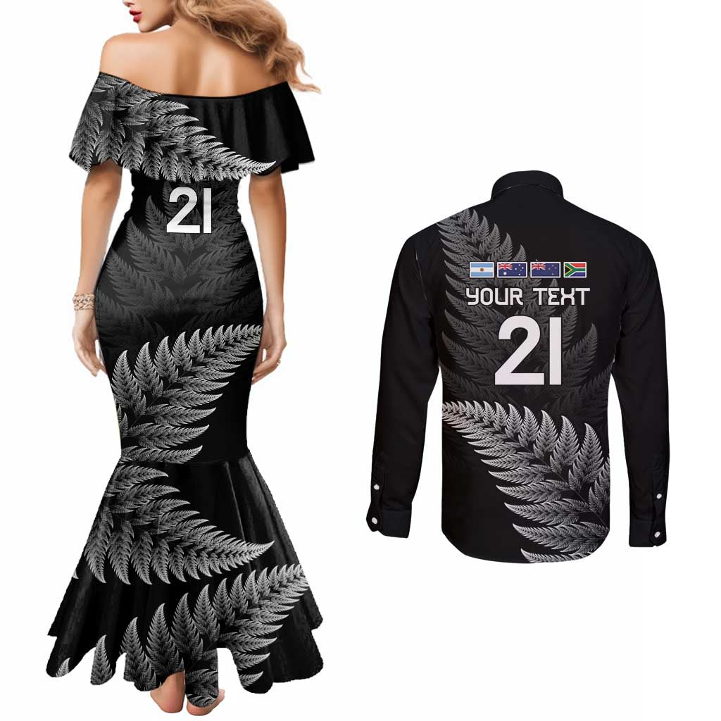 New Zealand Rugby Custom Couples Matching Mermaid Dress and Long Sleeve Button Shirt Glory Be To Black Silver-fern LT9 - Polynesian Pride